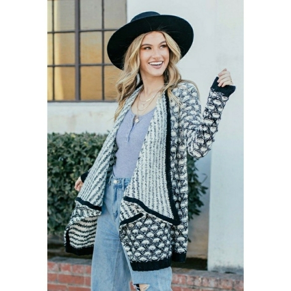 Lovestitch Flynn Marled Knit Long Sleeves Shawl Mixed Media Cardigan Sweater - Picture 11 of 11